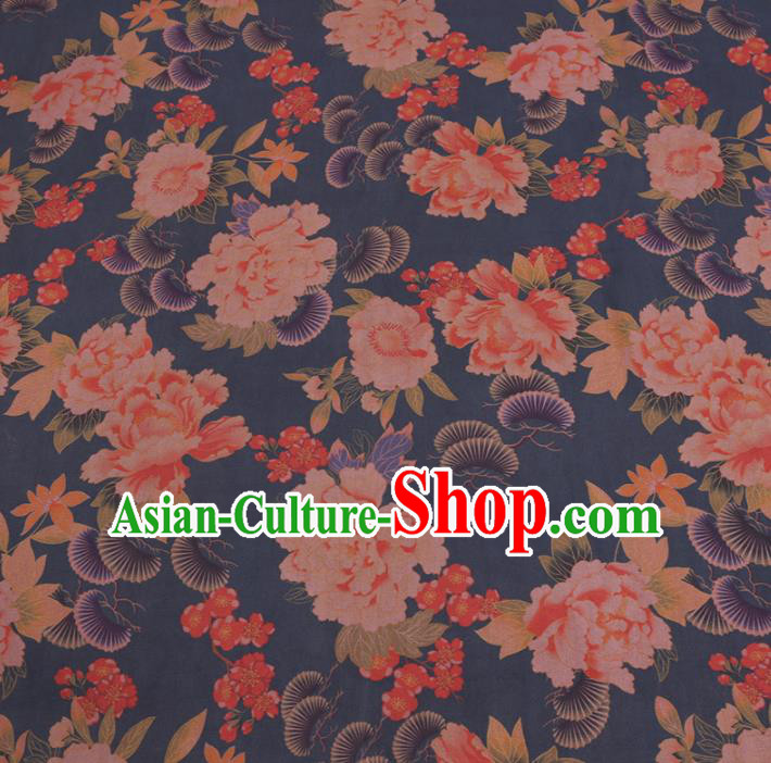 Chinese Classical Pine Peony Pattern Design Blue Gambiered Guangdong Gauze Fabric Asian Traditional Cheongsam Silk Material