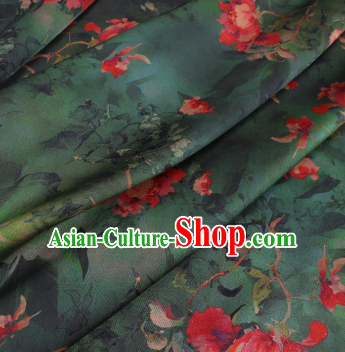 Chinese Classical Peony Pattern Design Deep Green Gambiered Guangdong Gauze Fabric Asian Traditional Cheongsam Silk Material