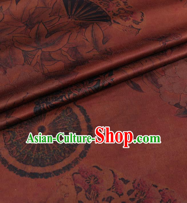 Chinese Classical Peony Fan Pattern Design Rust Red Gambiered Guangdong Gauze Fabric Asian Traditional Cheongsam Silk Material