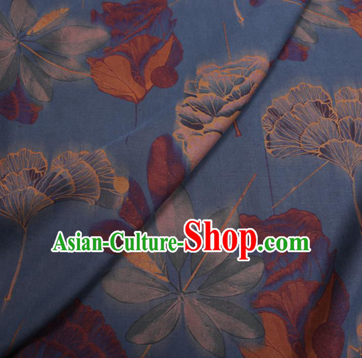 Chinese Classical Ginkgo Tulip Pattern Design Blue Gambiered Guangdong Gauze Fabric Asian Traditional Cheongsam Silk Material