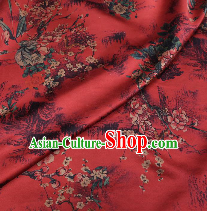Chinese Classical Plum Blossom Pattern Design Red Gambiered Guangdong Gauze Fabric Asian Traditional Cheongsam Silk Material