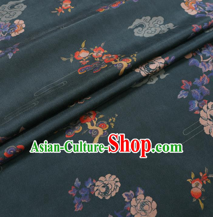 Chinese Classical Peony Peach Pattern Design Atrovirens Gambiered Guangdong Gauze Fabric Asian Traditional Cheongsam Silk Material