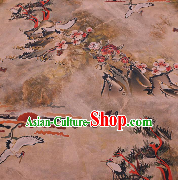 Chinese Classical Crane Plum Pattern Design Khaki Gambiered Guangdong Gauze Fabric Asian Traditional Cheongsam Silk Material