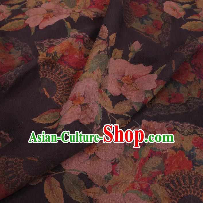Chinese Classical Begonia Fan Pattern Design Black Gambiered Guangdong Gauze Fabric Asian Traditional Cheongsam Silk Material