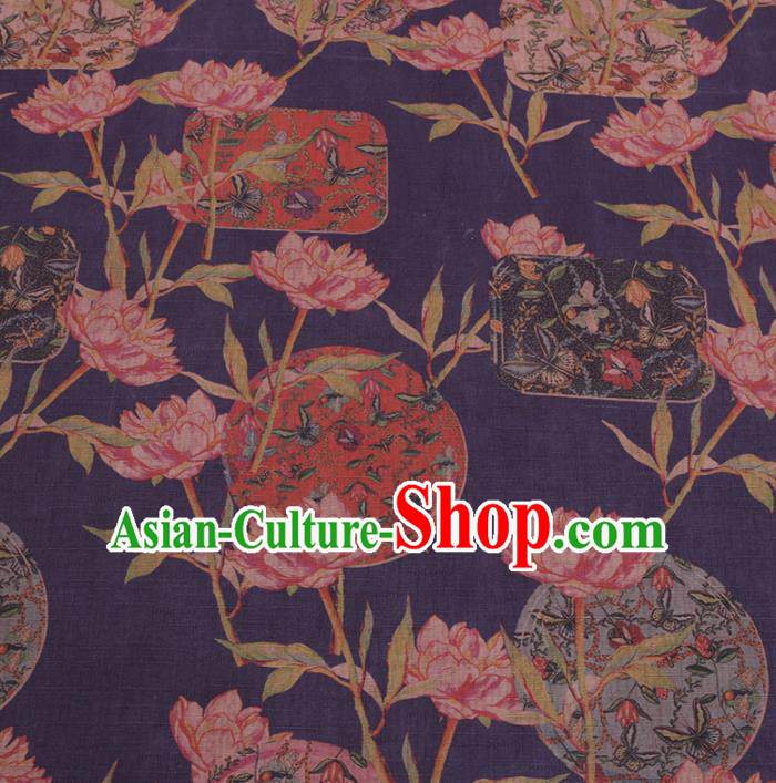 Chinese Classical Flowers Pattern Design Blue Gambiered Guangdong Gauze Fabric Asian Traditional Cheongsam Silk Material