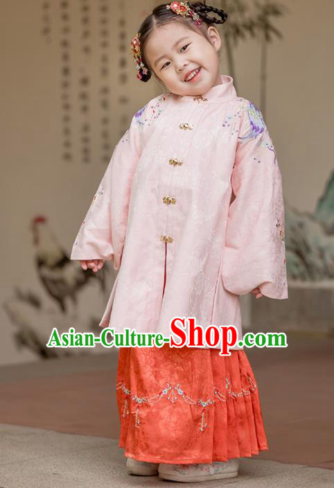 Chinese Traditional Girls Embroidered Pink Blouse and Red Skirt Ancient Ming Dynasty Princess Costume for Kids