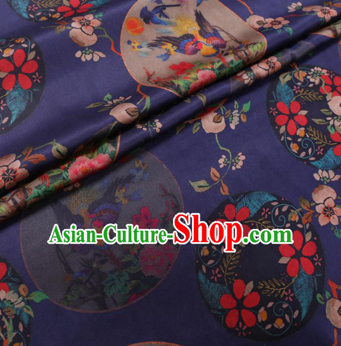 Chinese Classical Printing Peony Birds Pattern Design Deep Blue Gambiered Guangdong Gauze Fabric Asian Traditional Cheongsam Silk Material