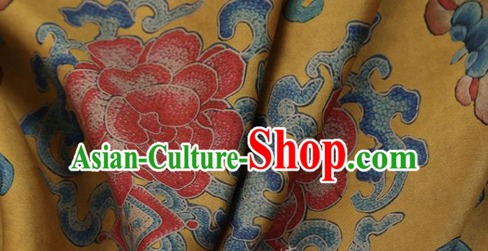 Chinese Classical Peony Pattern Design Yellow Gambiered Guangdong Gauze Fabric Asian Traditional Cheongsam Silk Material