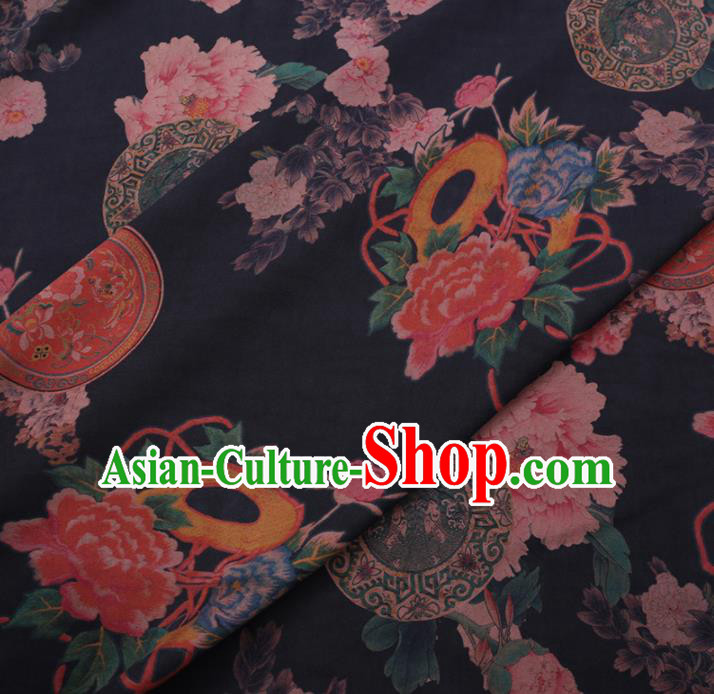 Chinese Classical Printing Peony Fan Pattern Design Black Gambiered Guangdong Gauze Fabric Asian Traditional Cheongsam Silk Material