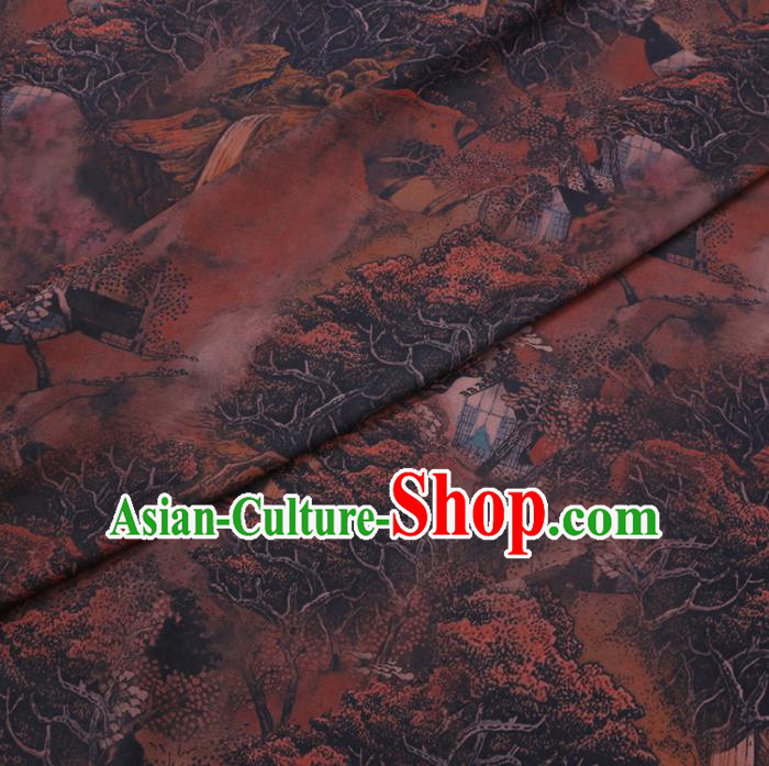 Chinese Classical Printing Forest Pattern Design Brown Gambiered Guangdong Gauze Fabric Asian Traditional Cheongsam Silk Material