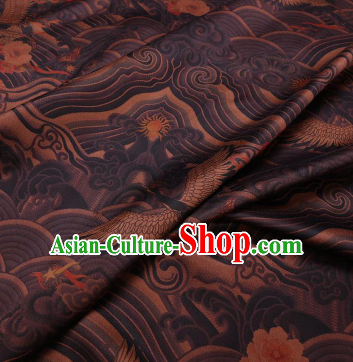 Chinese Classical Printing Wave Crane Pattern Design Brown Gambiered Guangdong Gauze Fabric Asian Traditional Cheongsam Silk Material