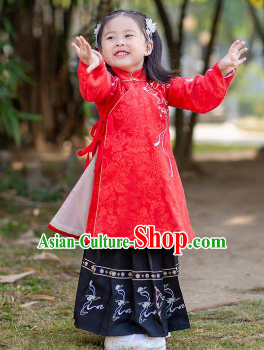 Chinese Traditional Girls Embroidered Red Blouse and Black Skirt Ancient Ming Dynasty Princess Costume for Kids