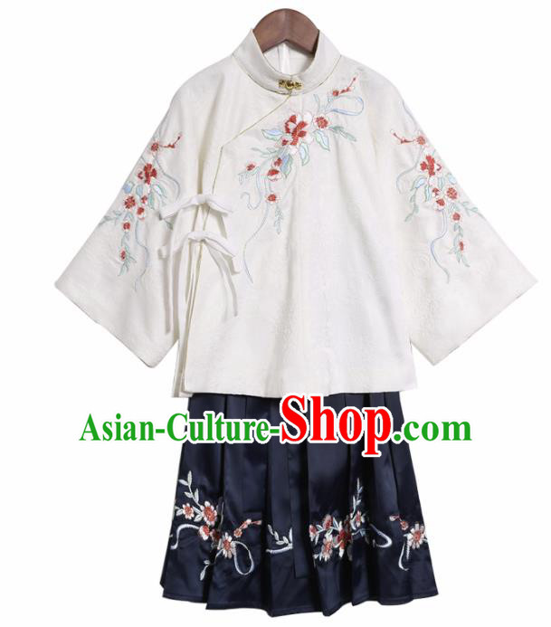 Chinese Traditional Girls Embroidered White Blouse and Navy Skirt Ancient Ming Dynasty Princess Costume for Kids