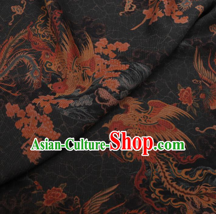 Chinese Classical Printing Phoenix Plum Pattern Design Black Gambiered Guangdong Gauze Fabric Asian Traditional Cheongsam Silk Material