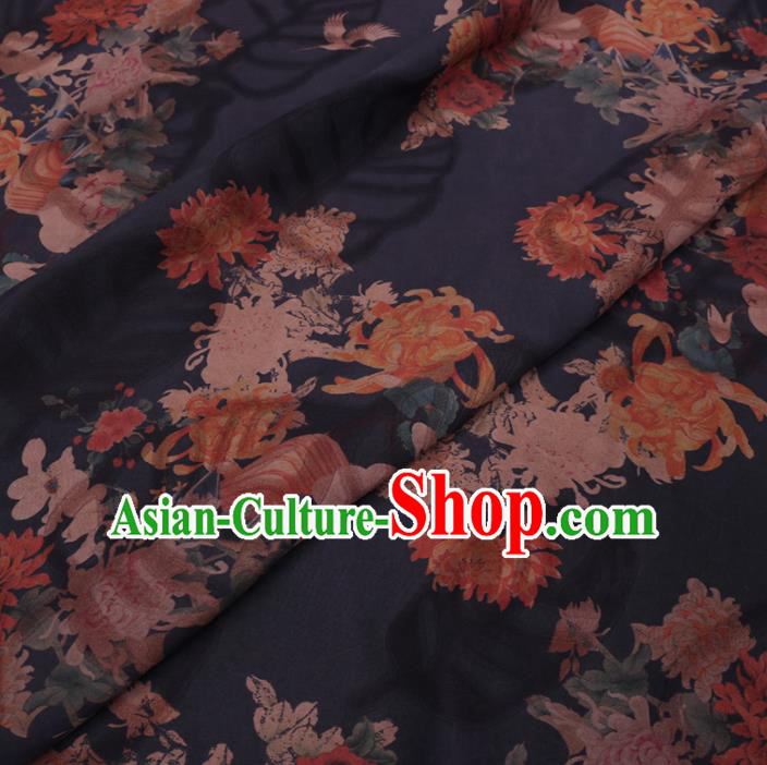 Chinese Classical Printing Chrysanthemum Peony Pattern Design Navy Gambiered Guangdong Gauze Fabric Asian Traditional Cheongsam Silk Material