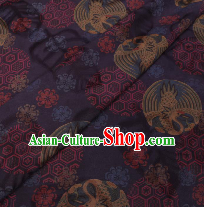 Chinese Classical Printing Round Crane Pattern Design Navy Gambiered Guangdong Gauze Fabric Asian Traditional Cheongsam Silk Material