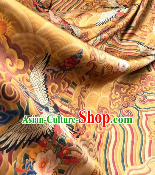 Asian Chinese Traditional Crane Pattern Design Yellow Gambiered Guangdong Gauze Fabric Silk Material