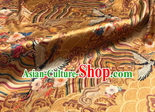 Asian Chinese Traditional Crane Pattern Design Yellow Gambiered Guangdong Gauze Fabric Silk Material