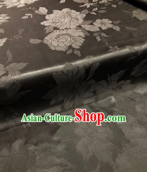 Asian Chinese Traditional Peony Pattern Design Black Gambiered Guangdong Gauze Fabric Silk Material