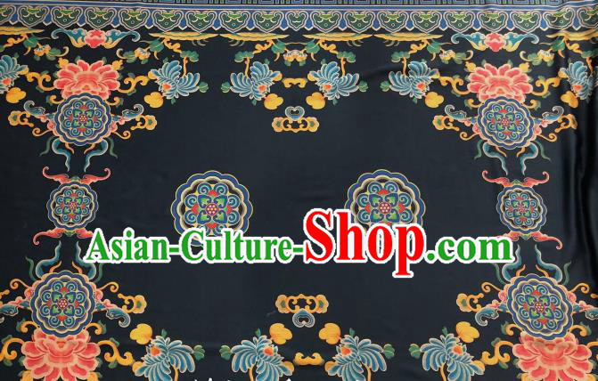 Asian Chinese Traditional Peony Chrysanthemum Pattern Design Black Gambiered Guangdong Gauze Fabric Silk Material