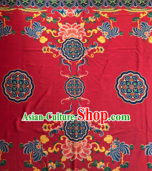 Asian Chinese Traditional Peony Chrysanthemum Pattern Design Red Gambiered Guangdong Gauze Fabric Silk Material