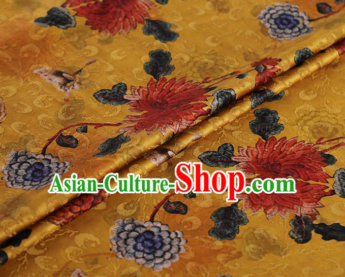 Chinese Classical Printing Chrysanthemum Pattern Design Golden Gambiered Guangdong Gauze Fabric Asian Traditional Cheongsam Silk Material