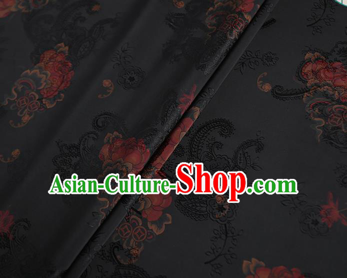 Chinese Classical Printing Peony Pattern Design Black Gambiered Guangdong Gauze Fabric Asian Traditional Cheongsam Silk Material