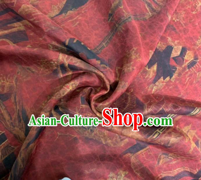 Asian Chinese Traditional Pavilions Pattern Design Red Gambiered Guangdong Gauze Fabric Silk Material