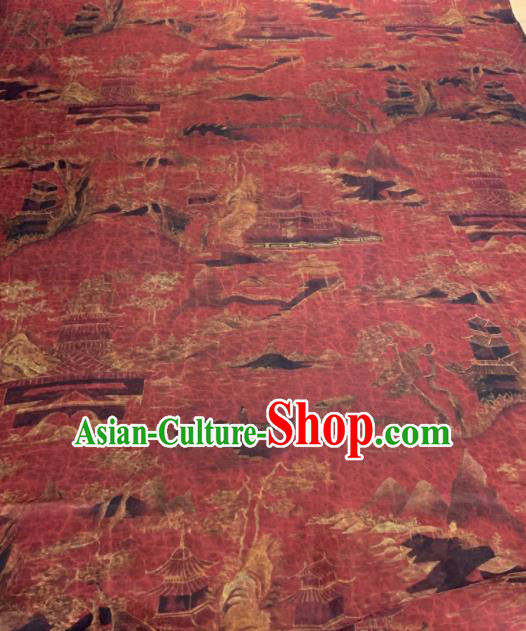 Asian Chinese Traditional Pavilions Pattern Design Red Gambiered Guangdong Gauze Fabric Silk Material