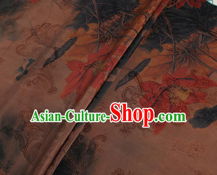 Chinese Classical Printing Lotus Pattern Design Brown Gambiered Guangdong Gauze Fabric Asian Traditional Cheongsam Silk Material
