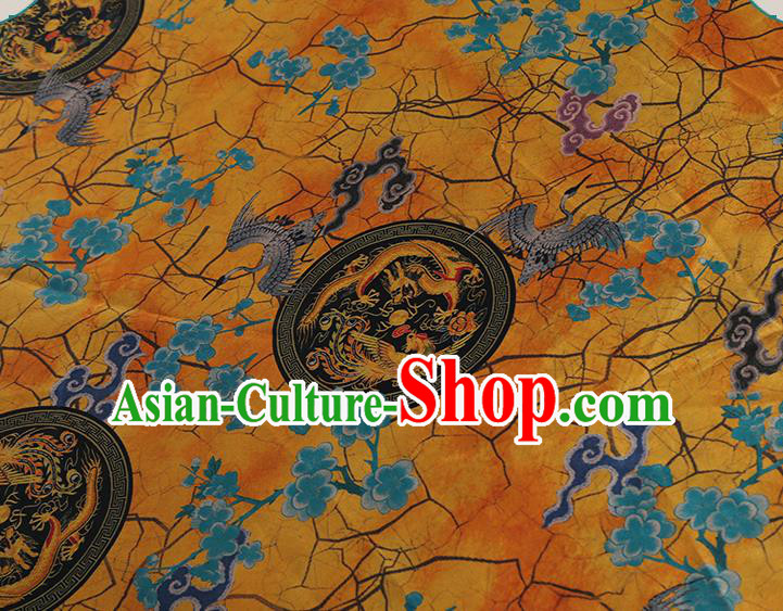 Chinese Classical Printing Crane Plum Pattern Design Yellow Gambiered Guangdong Gauze Fabric Asian Traditional Cheongsam Silk Material