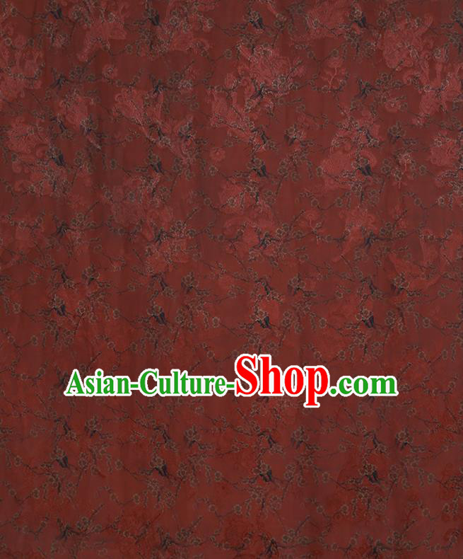 Chinese Classical Printing Plum Blossom Pattern Design Rust Red Gambiered Guangdong Gauze Fabric Asian Traditional Cheongsam Silk Material