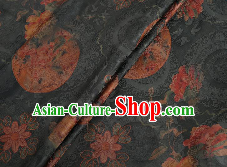 Chinese Classical Printing Peony Pattern Design Atrovirens Gambiered Guangdong Gauze Fabric Asian Traditional Cheongsam Silk Material