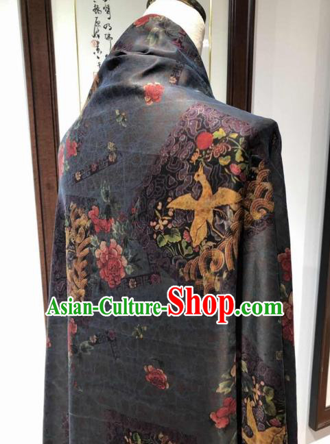 Asian Chinese Traditional Crane Peony Pattern Design Black Gambiered Guangdong Gauze Fabric Silk Material
