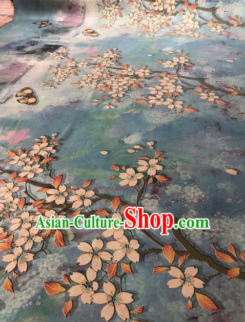 Asian Chinese Traditional Pear Flowers Pattern Design Blue Gambiered Guangdong Gauze Fabric Silk Material