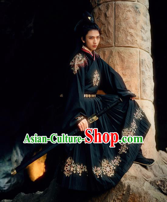Chinese Ancient Swordsman Black Hanfu Clothing Traditional Ming Dynasty Imperial Guards Embroidered Costumes for Men