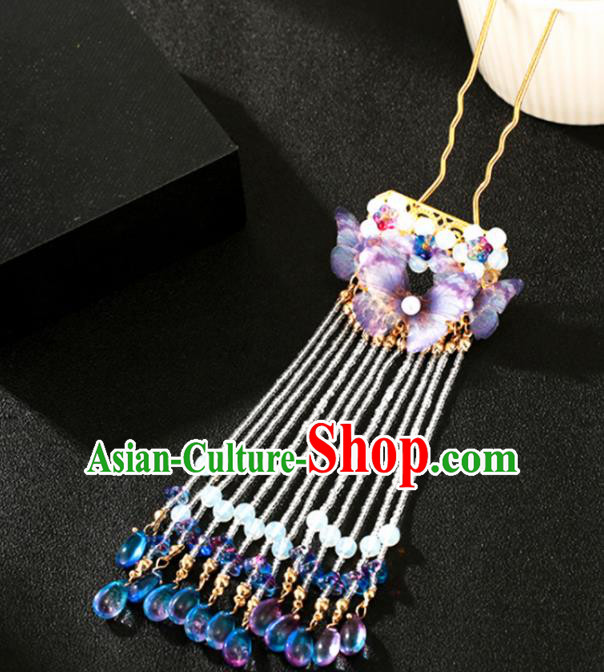 Chinese Classical Dance Hair Accessories Ancient Princess Purple Butterfly Tassel Hairpins for Women