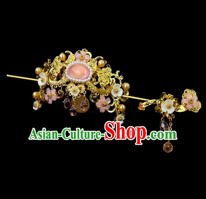 Chinese Ancient Princess Pink Glass Hair Crown and Hairpins Traditional Classical Dance Hair Accessories for Women