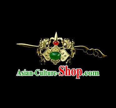 Chinese Drama Royal Prince Green Glass Hair Crown and Golden Hairpin Ancient Swordsman Hair Accessories for Men