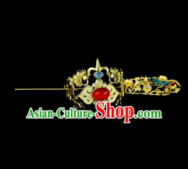 Chinese Drama Nobility Childe Red Glass Hair Crown and Hairpin Ancient Swordsman Hair Accessories for Men