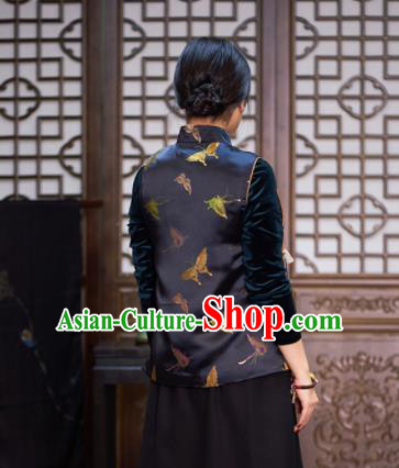 Top Grade Traditional Chinese Embroidered Black Brocade Vest Tang Suit Silk Upper Outer Garment for Women