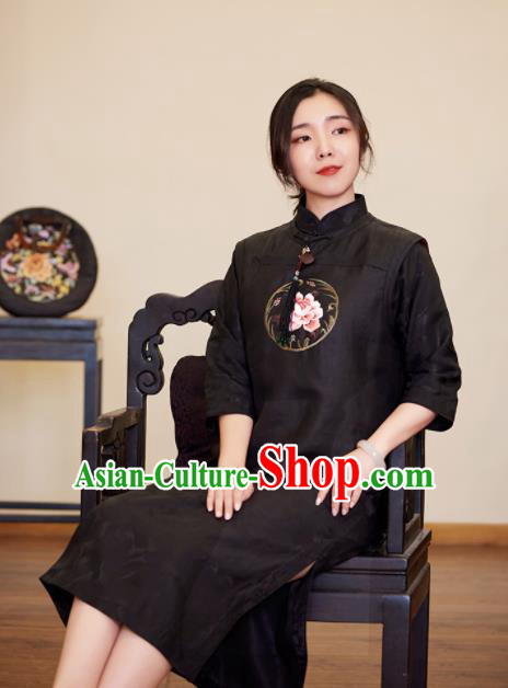 Top Grade Traditional Chinese Embroidered Black Vest Tang Suit Upper Outer Garment for Women