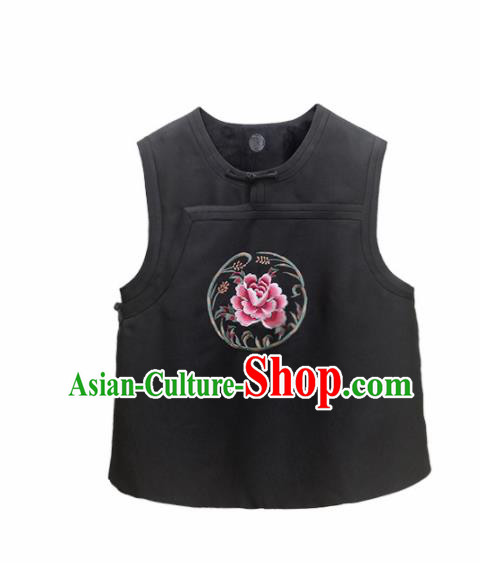 Top Grade Traditional Chinese Embroidered Black Vest Tang Suit Upper Outer Garment for Women