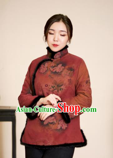 Top Grade Traditional Chinese Printing Wine Red Cotton Wadded Jacket Tang Suit Silk Upper Outer Garment for Women
