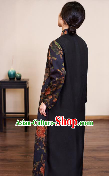 Traditional Chinese Graceful Printing Peony Navy Cheongsam Silk Qipao Dress for Women