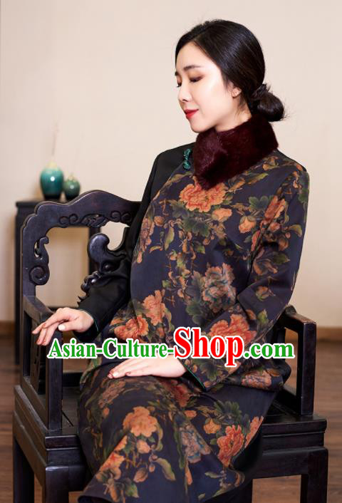 Traditional Chinese Graceful Printing Peony Navy Cheongsam Silk Qipao Dress for Women