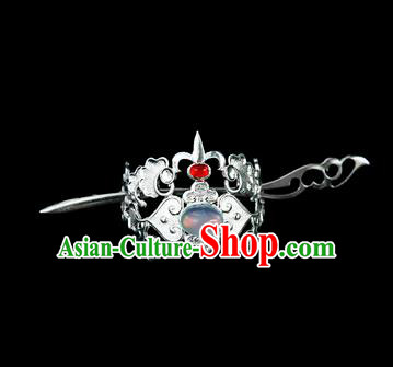 Chinese Drama Nobility Childe Hair Crown and Argent Hairpin Ancient Swordsman Hair Accessories for Men