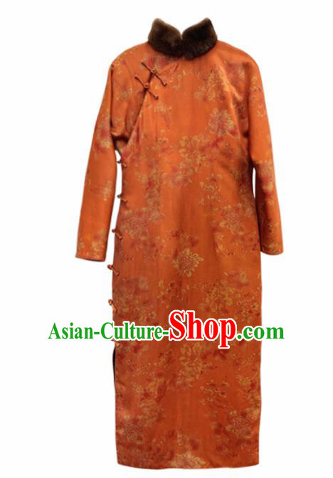 Traditional Chinese Graceful Printing Orange Cheongsam Silk Qipao Dress for Women