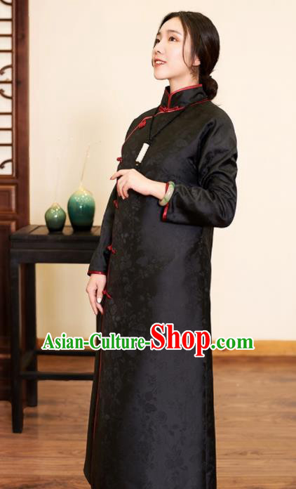 Traditional Chinese Graceful Black Cotton Wadded Cheongsam Silk Qipao Dress for Women