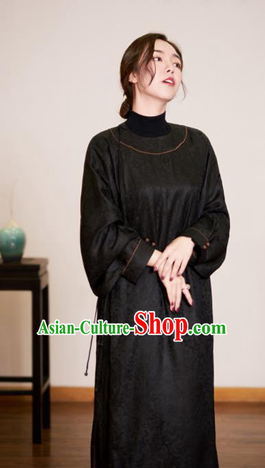 Traditional Chinese Cheongsam Black Silk Qipao Dress for Women